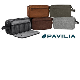 PAVILIA XL Black Toiletry Bag on a travel countertop