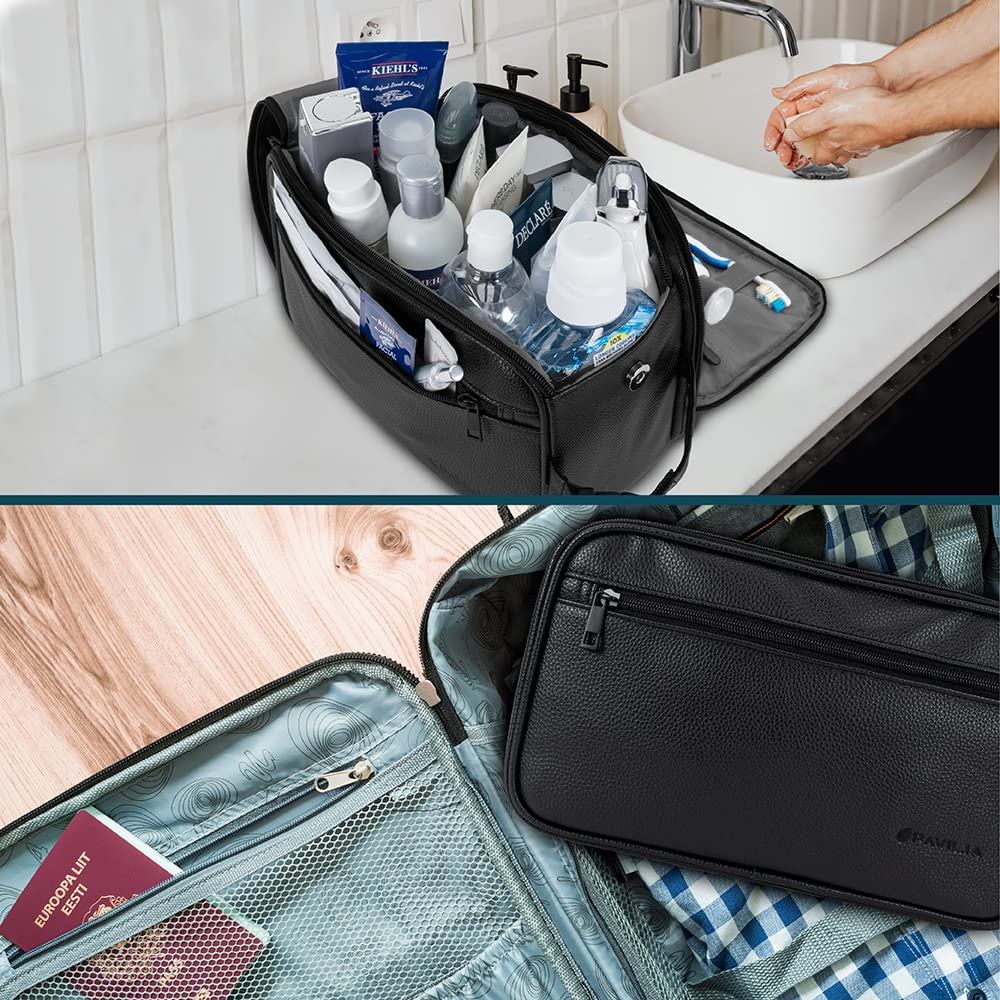 PAVILIA XL Black Toiletry Bag packed in luggage