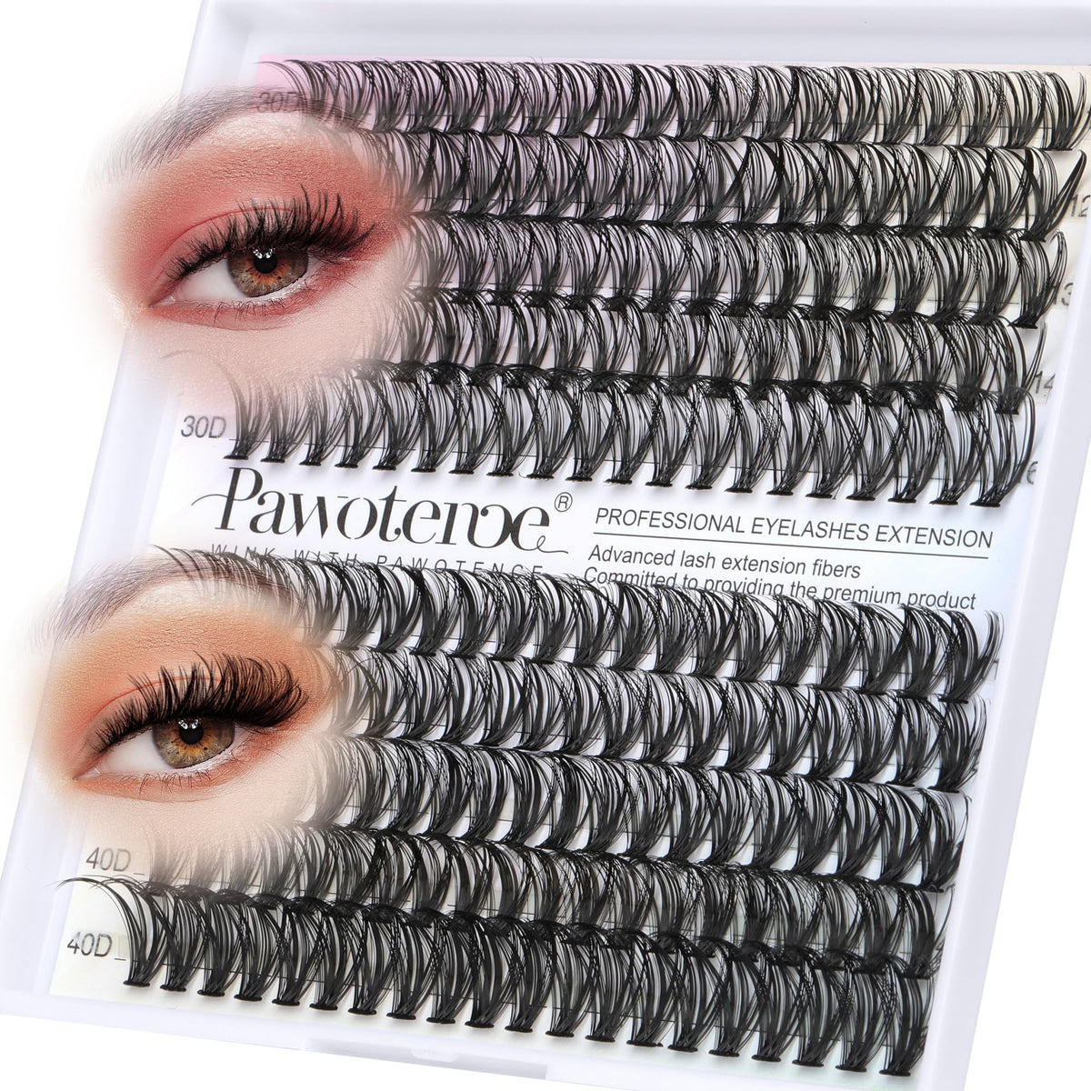 Pawotence Lash Clusters 200pcs front view with various lash lengths