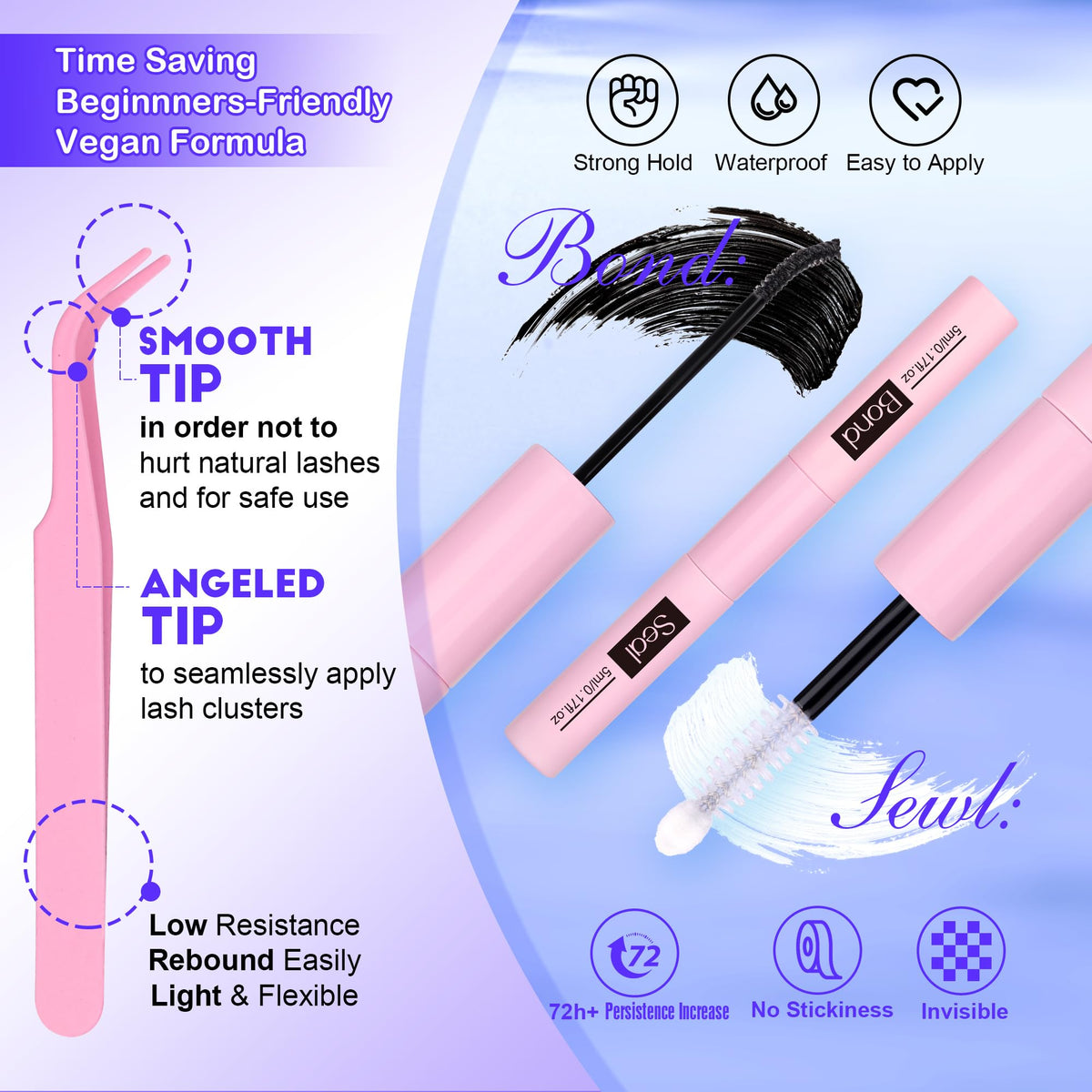 Pawotence lash clusters displayed with applicator and bond