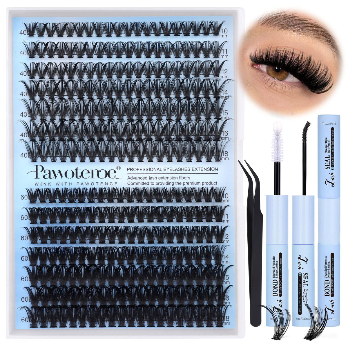 Pawotence Lash Clusters Kit 280pcs with bond and seal front view