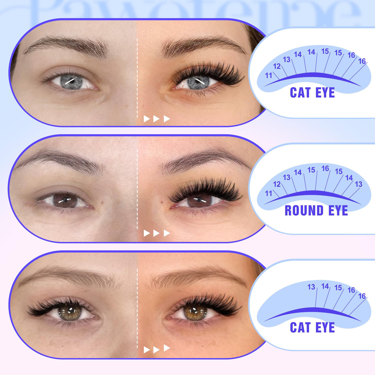 Pawotence Lash Clusters variety of lengths displayed