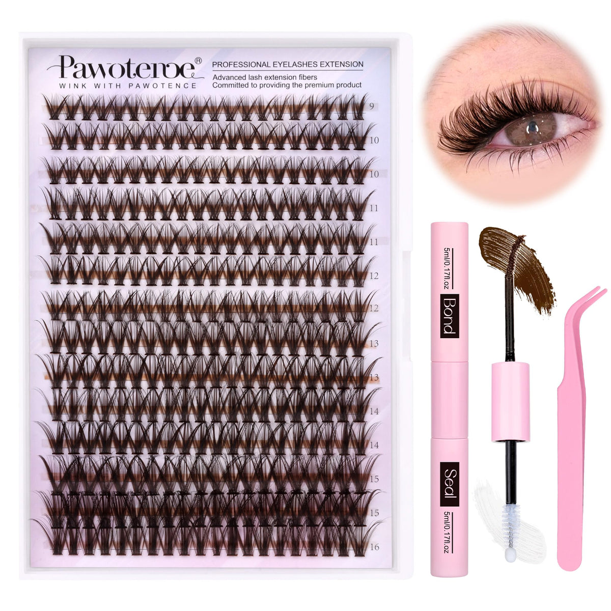 Pawotence Lash Extension Kit 280pcs brown cluster lashes front view