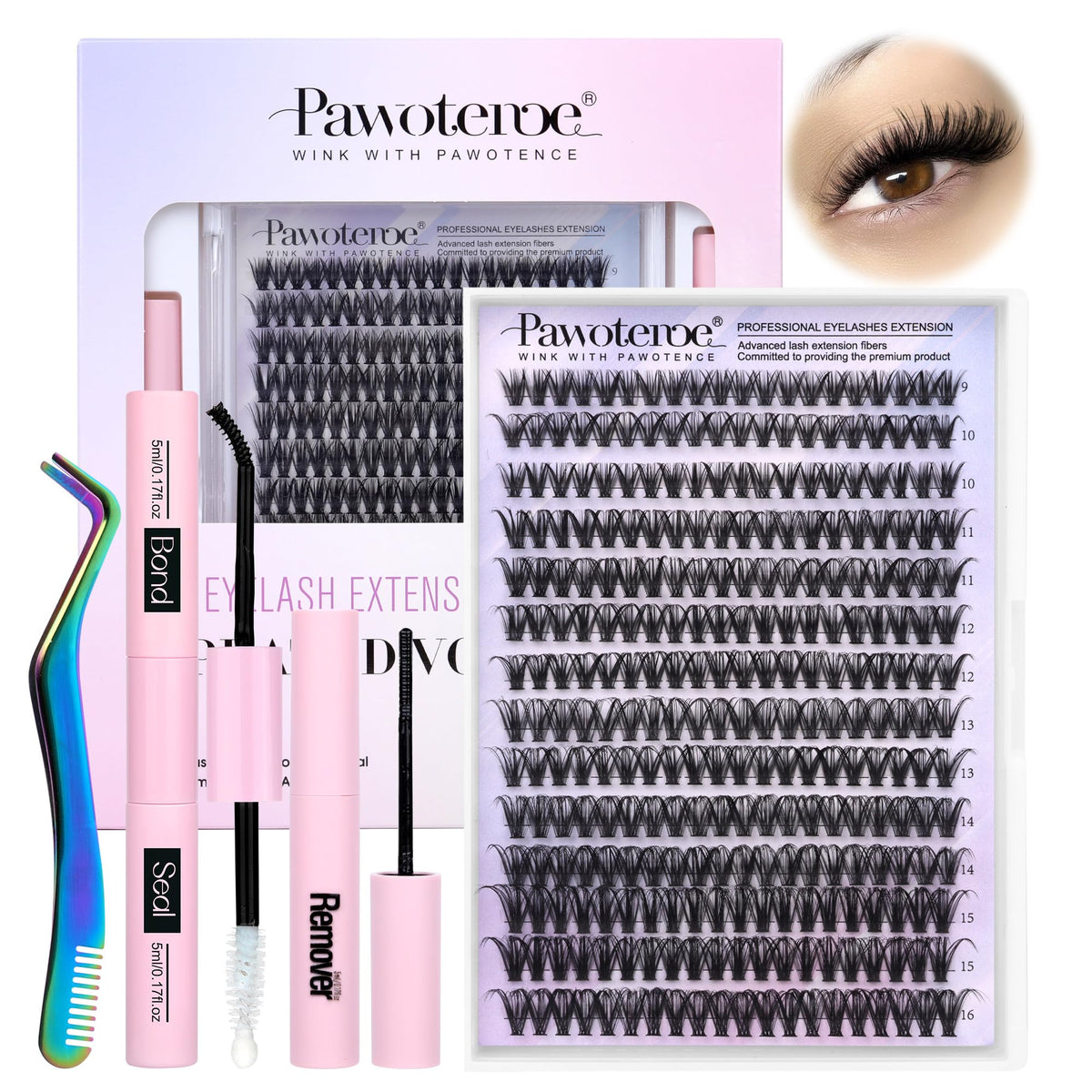 Pawotence Lash Extension Kit 280pcs front view with various lash lengths