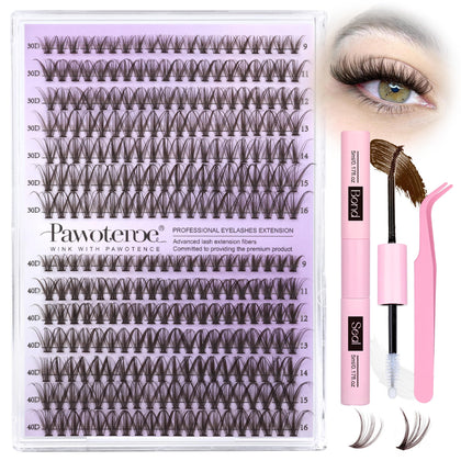 Pawotence Lash Extension Kit 280pcs with brown lash clusters