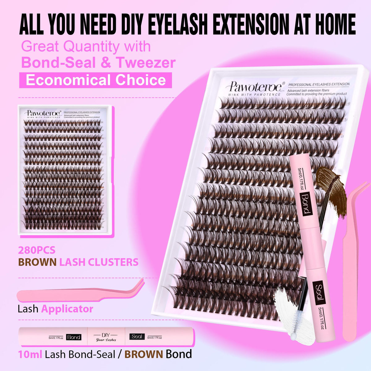 Pawotence Lash Extension Kit contents including lash bond and tweezers