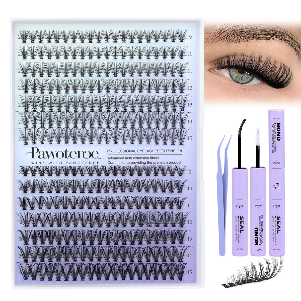 Pawotence Lash Extension Kit with detailed view of lash clusters