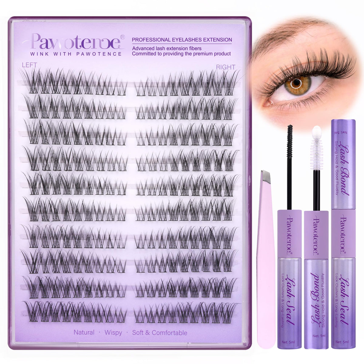 Pawotence Wispy Lash Clusters Kit front view with 180pcs
