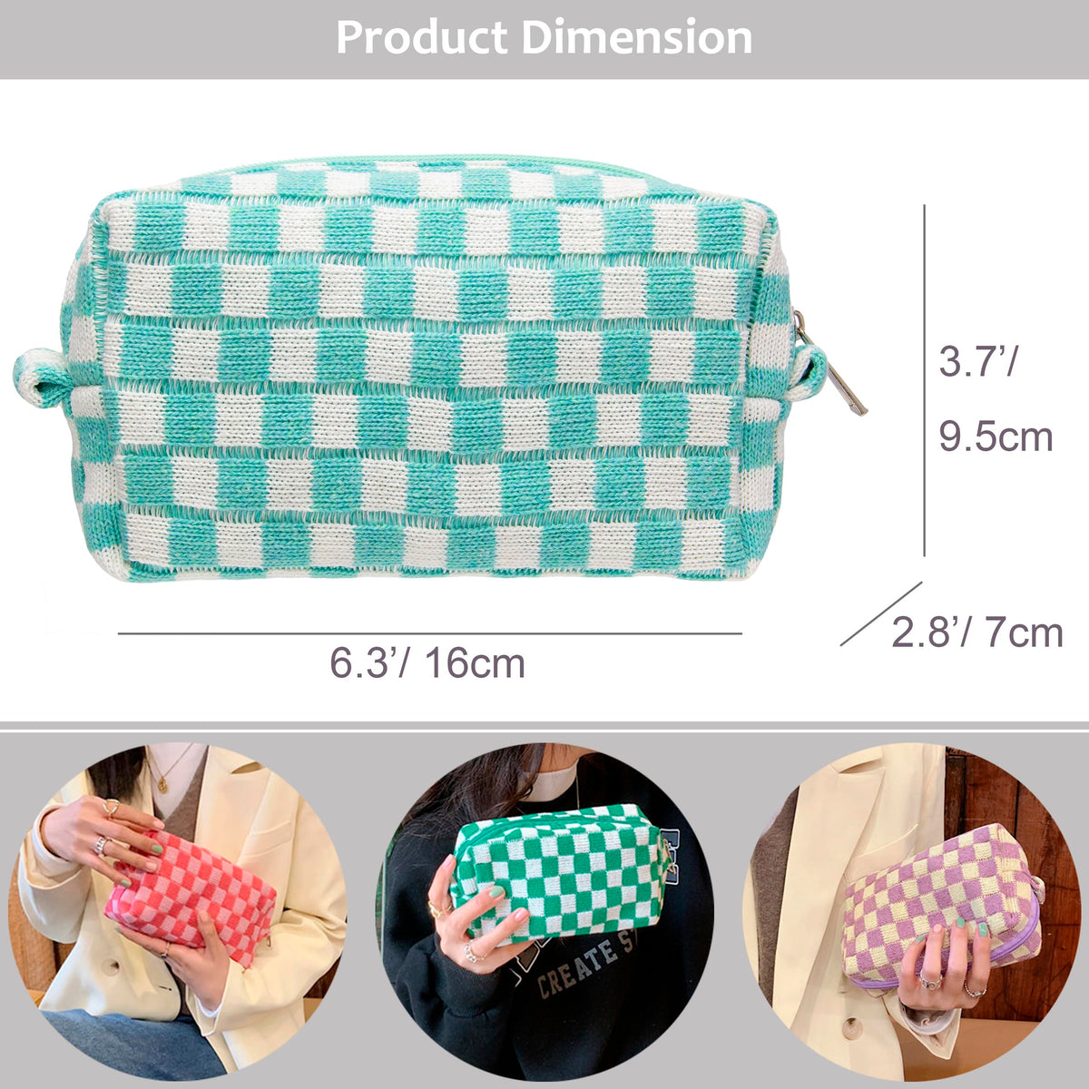 PAZIMIIK Checkered Makeup Bag Arctic Blue checkered pattern detail
