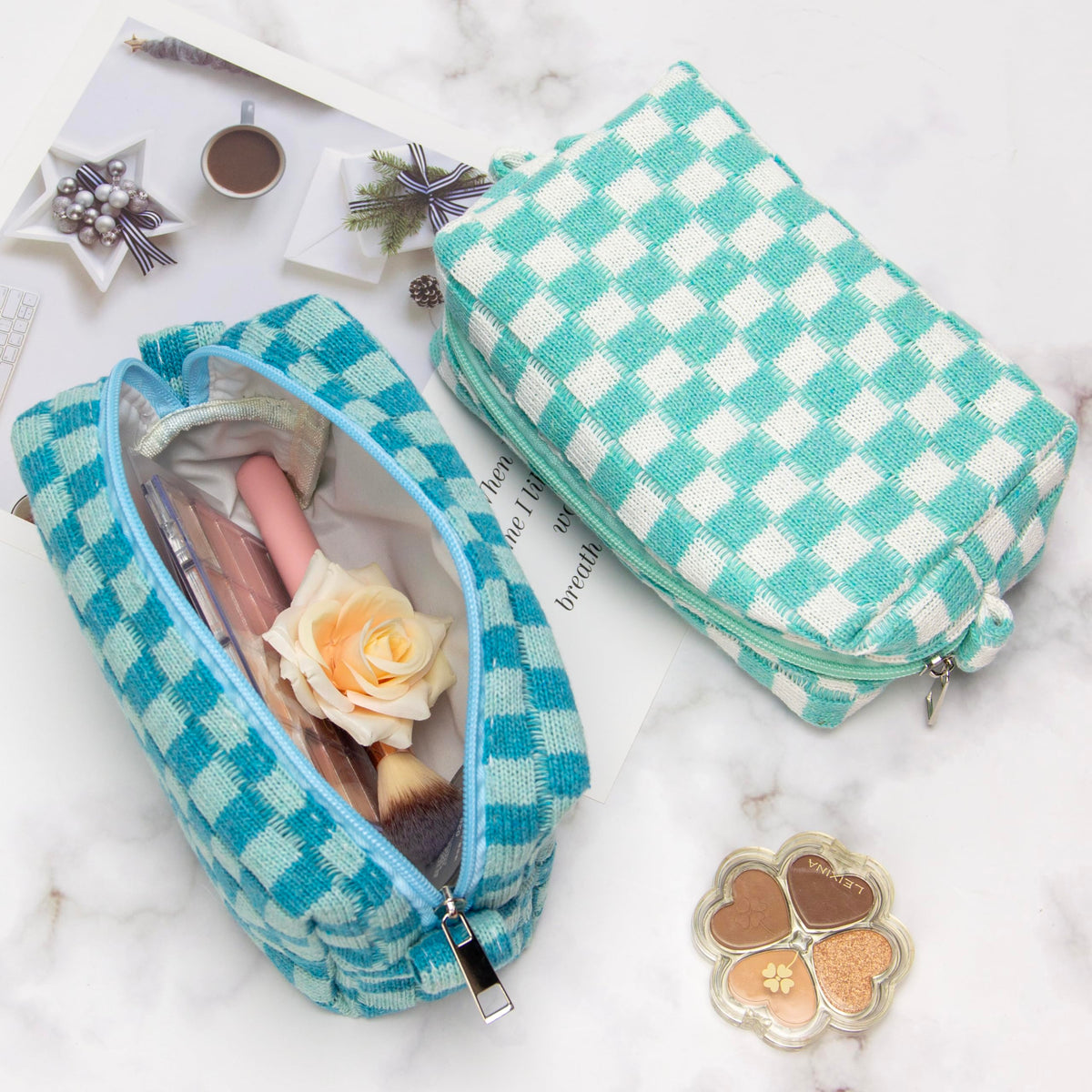 PAZIMIIK Checkered Makeup Bag Arctic Blue in a backpack