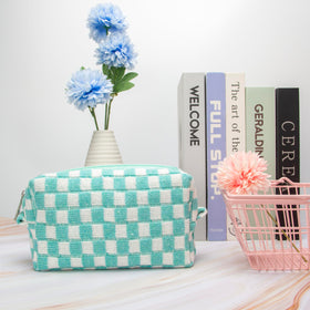 PAZIMIIK Checkered Makeup Bag Arctic Blue inside view with cosmetics