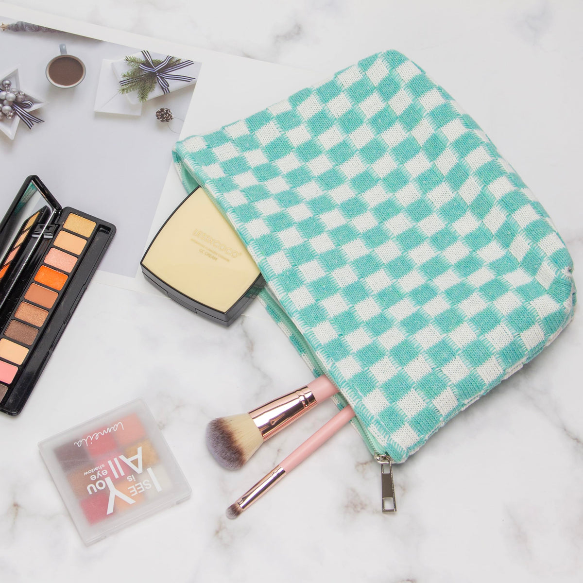 PAZIMIIK Checkered Makeup Bag Arctic Blue lifestyle scene