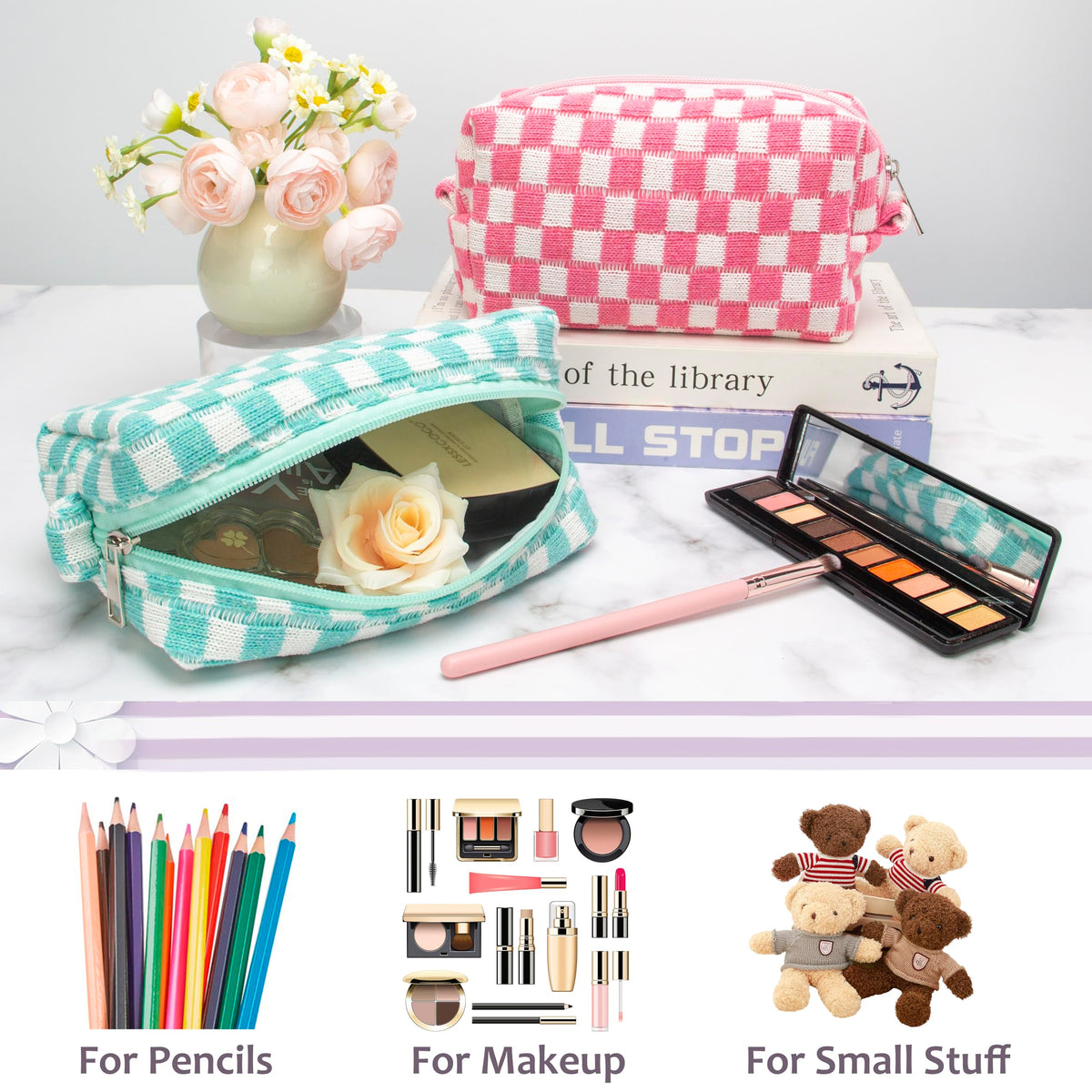 PAZIMIIK Checkered Makeup Bag Arctic Blue lifestyle scene