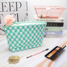 PAZIMIIK Checkered Makeup Bag Arctic Blue open with cosmetics