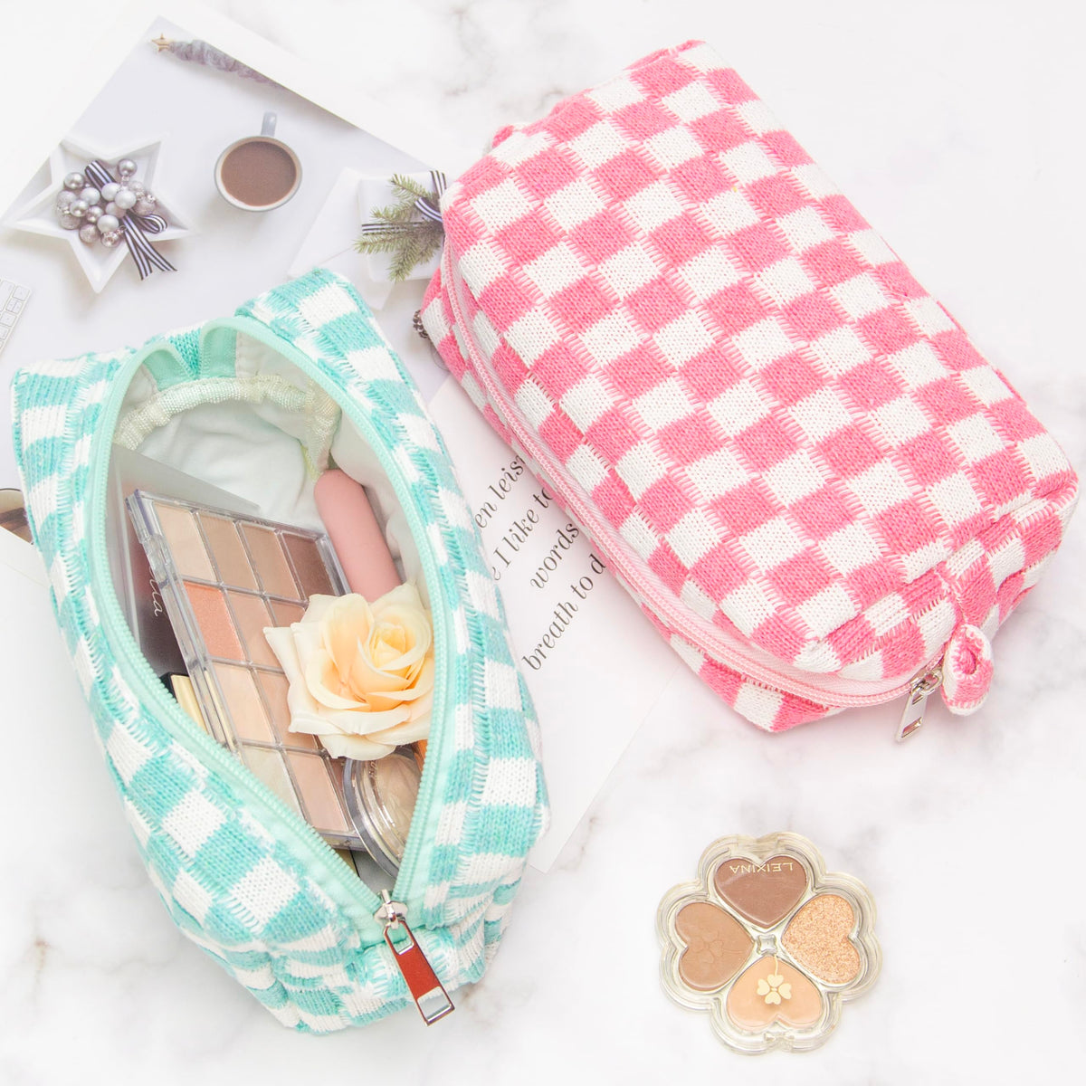 PAZIMIIK Checkered Makeup Bag Arctic Blue side view