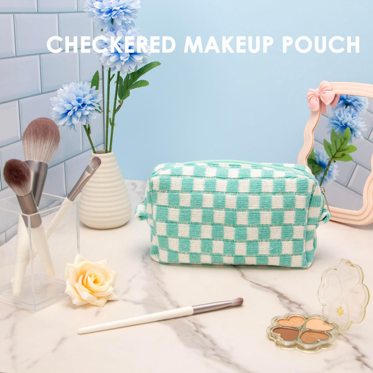 PAZIMIIK Checkered Makeup Bag Arctic Blue with zipper open