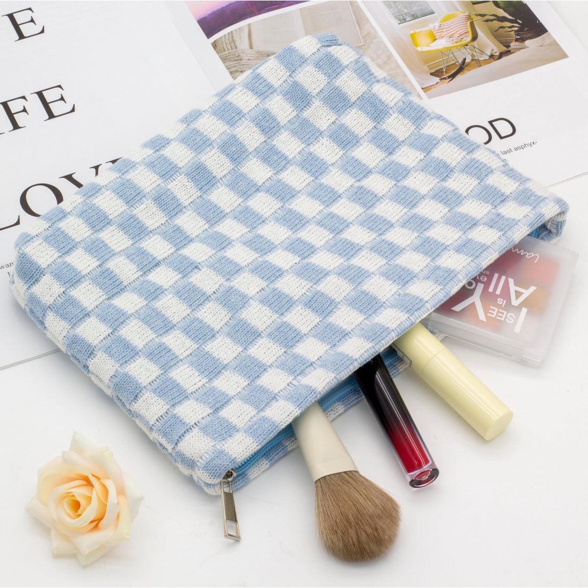PAZIMIIK Checkered Makeup Bag blue open with cosmetics inside