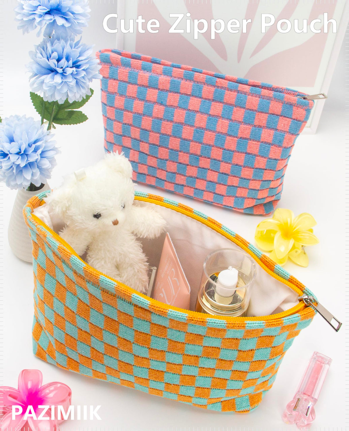 PAZIMIIK Checkered Makeup Bag compact size comparison with a phone