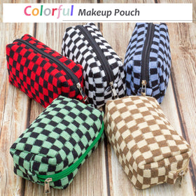 PAZIMIIK Checkered Makeup Bag displayed with beauty products