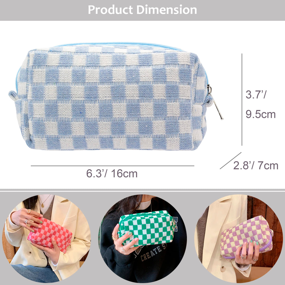 PAZIMIIK Checkered Makeup Bag flat bottom design
