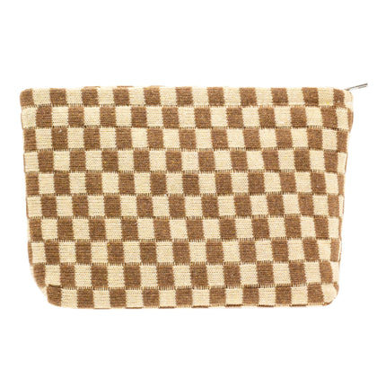 PAZIMIIK Checkered Makeup Bag front view in coffee colour