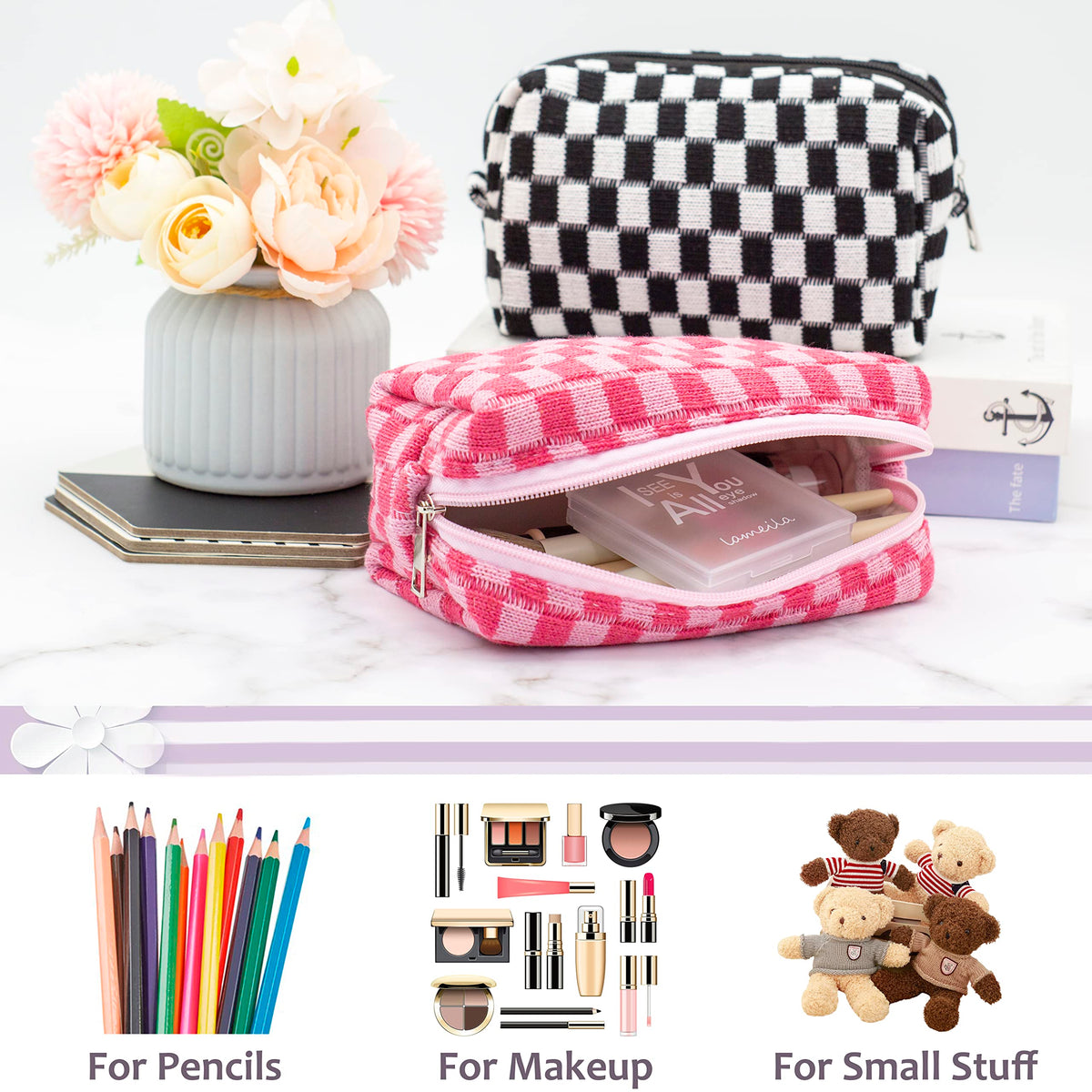 PAZIMIIK Checkered Makeup Bag hotpink inside view with cosmetics