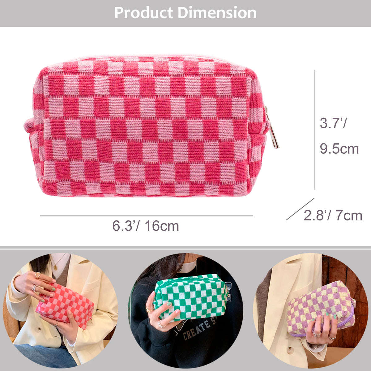 PAZIMIIK Checkered Makeup Bag hotpink standing upright