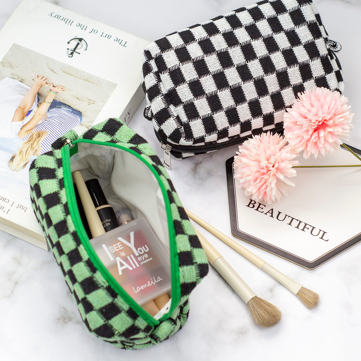 PAZIMIIK Checkered Makeup Bag in a purse for travel
