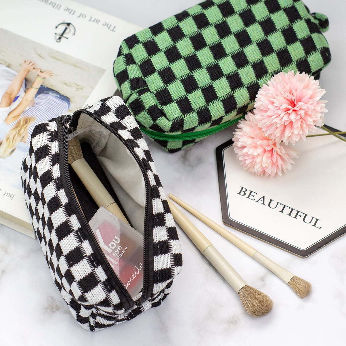 PAZIMIIK Checkered Makeup Bag in a stylish purse