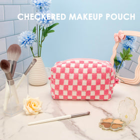 PAZIMIIK Checkered Makeup Bag inside view filled with cosmetics