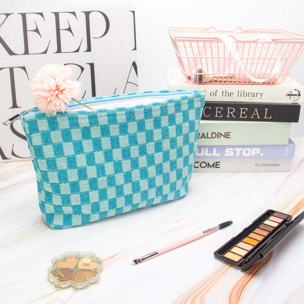 PAZIMIIK Checkered Makeup Bag Lake Blue open with cosmetics
