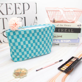 PAZIMIIK Checkered Makeup Bag Lake Blue open with cosmetics