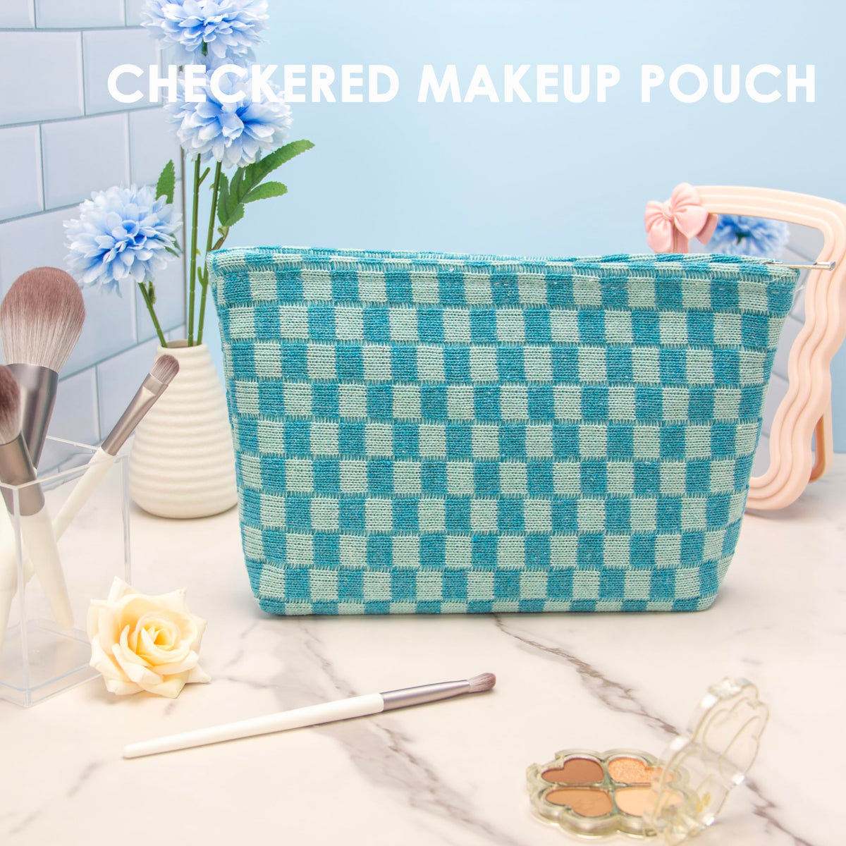 PAZIMIIK Checkered Makeup Bag Lake Blue side view