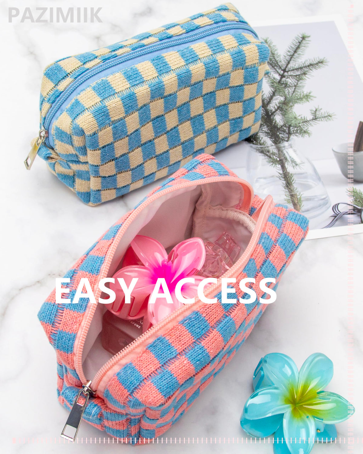 PAZIMIIK Checkered Makeup Bag lifestyle image with accessories