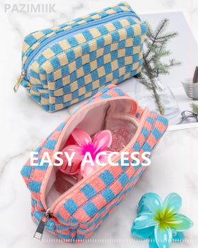 PAZIMIIK Checkered Makeup Bag lifestyle image with accessories