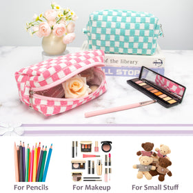 PAZIMIIK Checkered Makeup Bag lifestyle scene on a desk