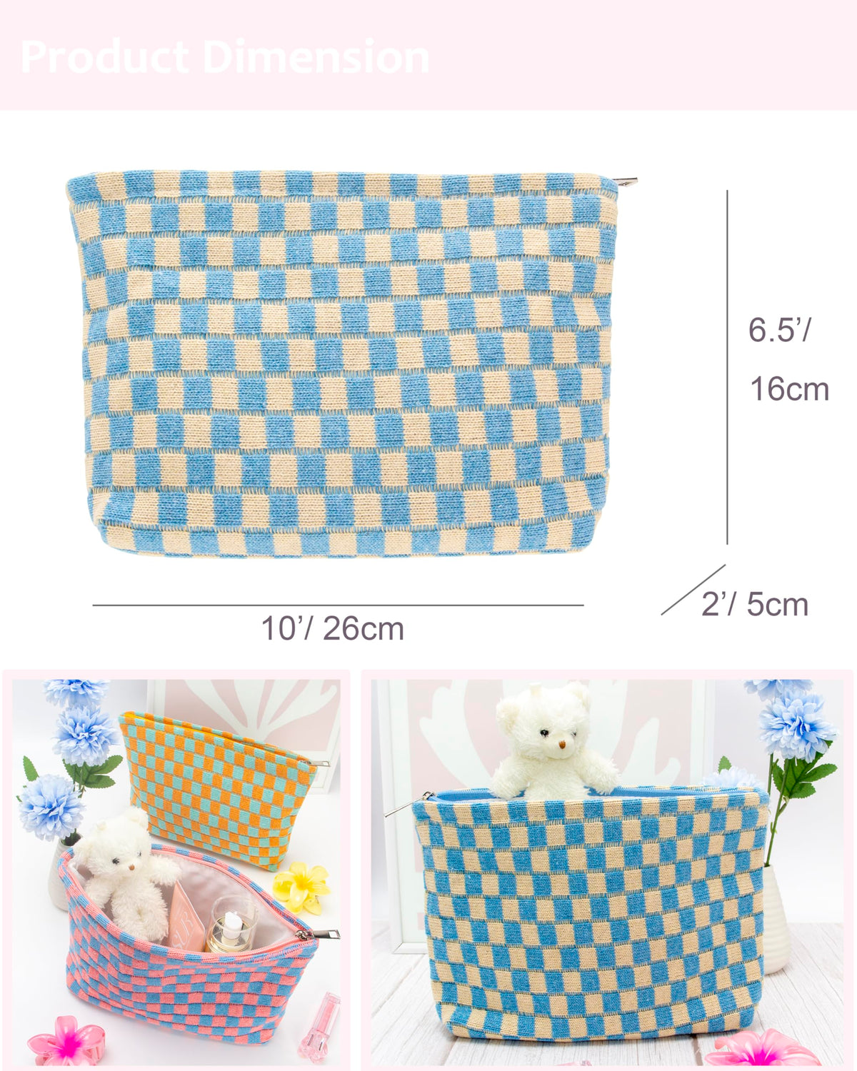 PAZIMIIK Checkered Makeup Bag lifestyle scene on a table