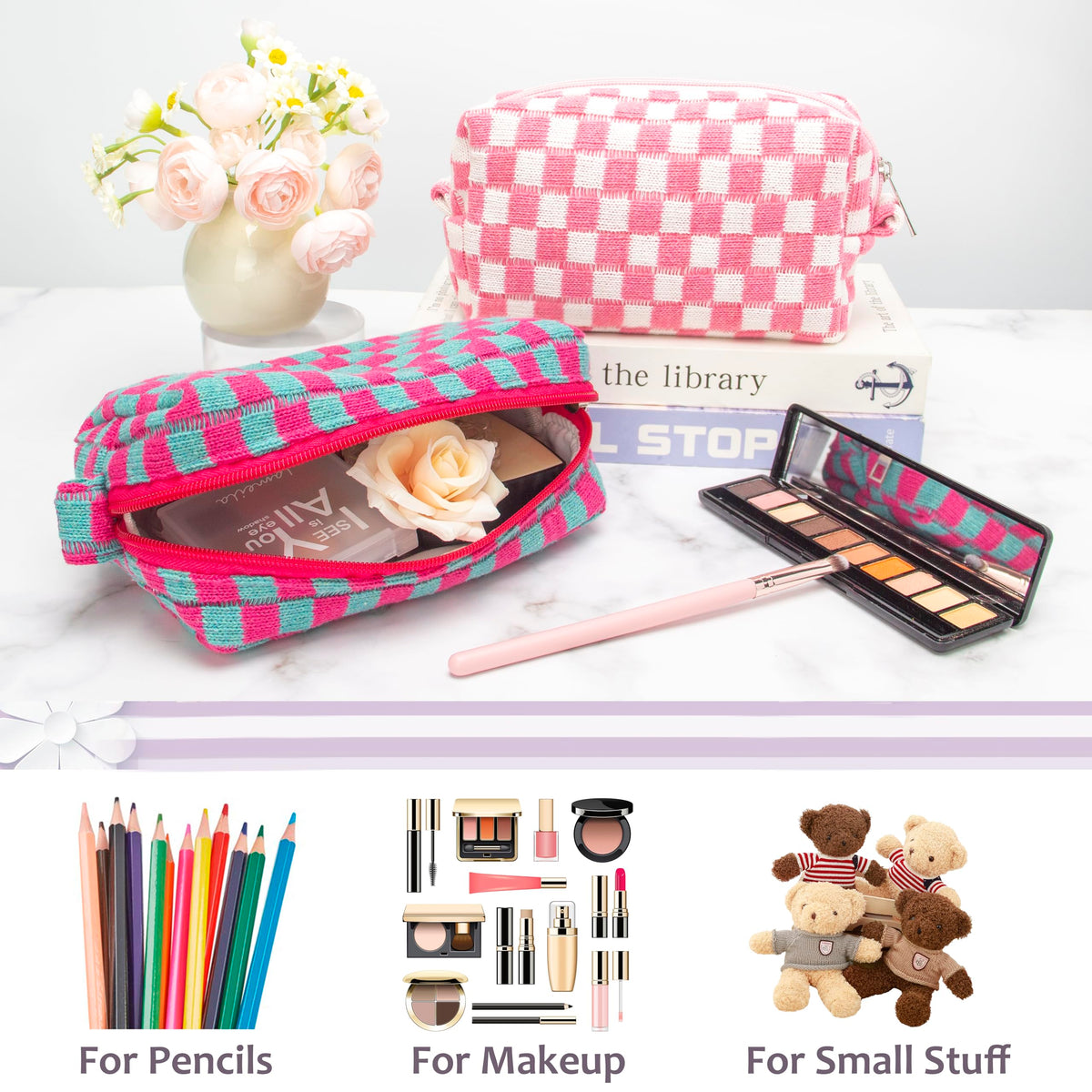 PAZIMIIK Checkered Makeup Bag lifestyle scene on a vanity