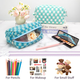 PAZIMIIK Checkered Makeup Bag lifestyle scene with cosmetics