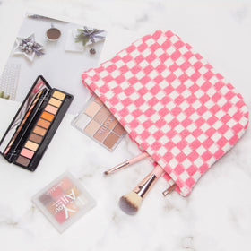 PAZIMIIK Checkered Makeup Bag lifestyle scene with cosmetics