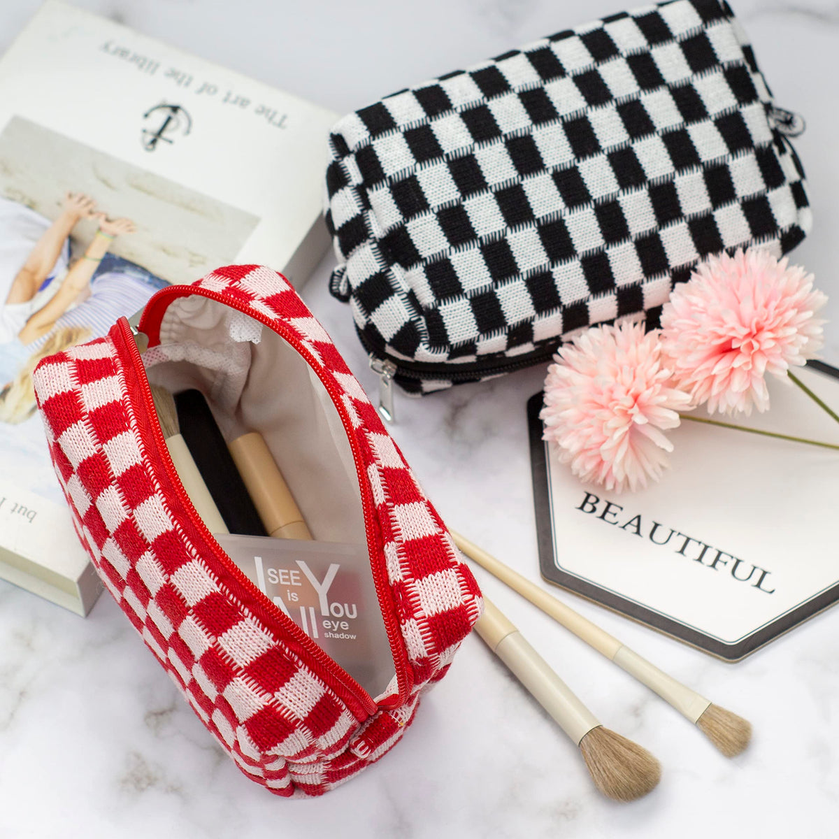 PAZIMIIK Checkered Makeup Bag lifestyle scene with purse