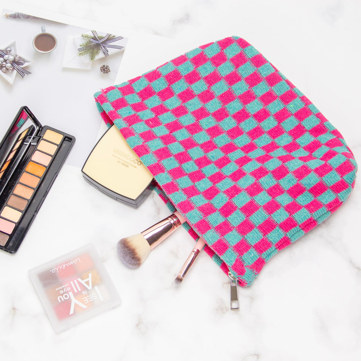 PAZIMIIK Checkered Makeup Bag lifestyle scene with purse