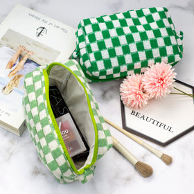 PAZIMIIK Checkered Makeup Bag light green interior with cosmetics