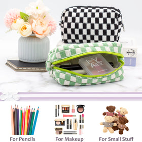 PAZIMIIK Checkered Makeup Bag light green with open zipper