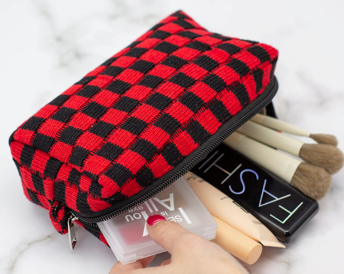 PAZIMIIK Checkered Makeup Bag on a flat surface with zipper open