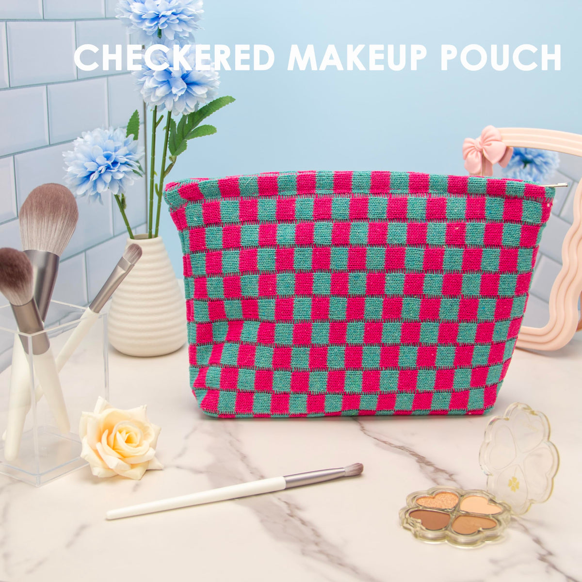 PAZIMIIK Checkered Makeup Bag open showing contents