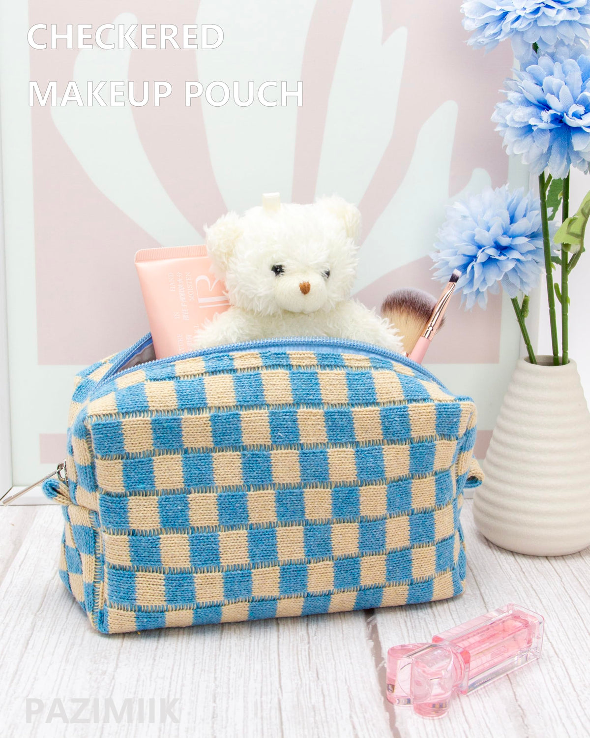 PAZIMIIK Checkered Makeup Bag open showing interior compartments