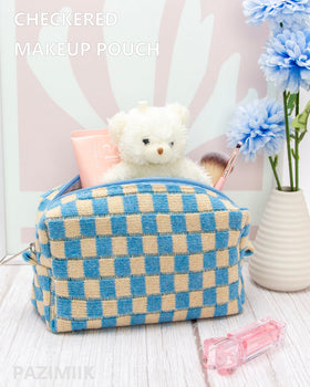 PAZIMIIK Checkered Makeup Bag open showing interior compartments