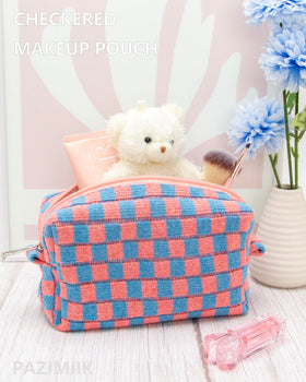 PAZIMIIK Checkered Makeup Bag open with cosmetics inside