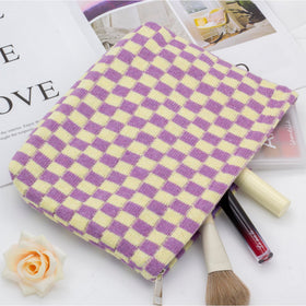 PAZIMIIK Checkered Makeup Bag open with cosmetics inside